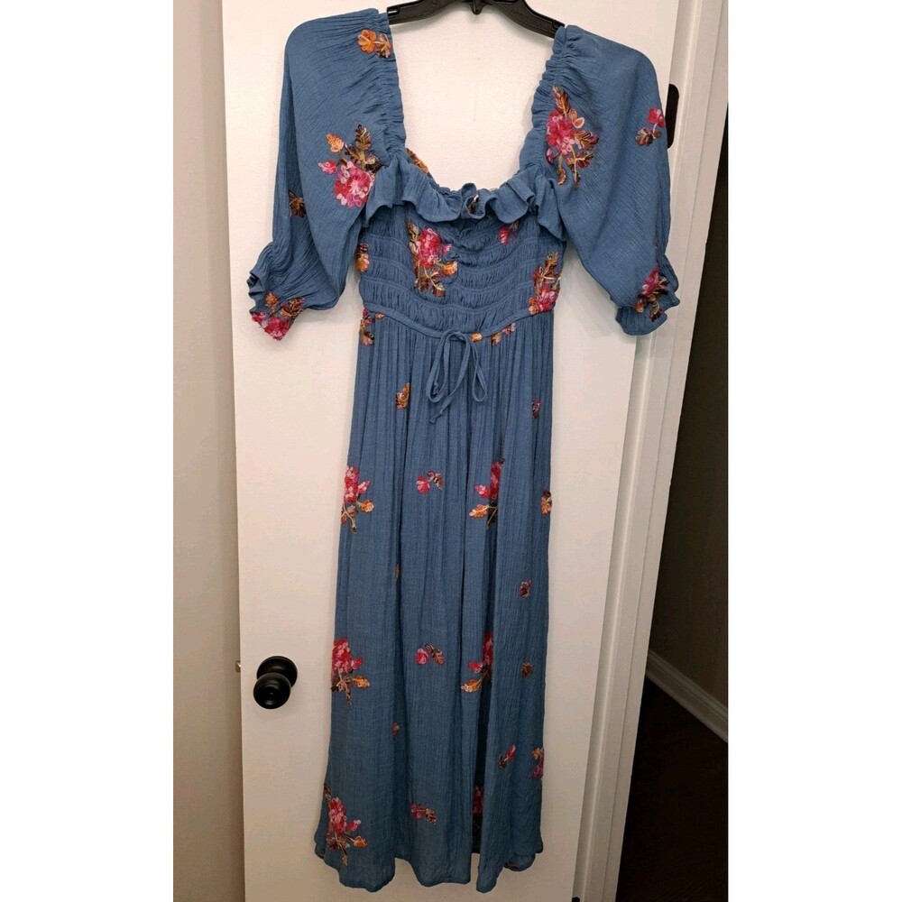 Wild Moss Womens Embroidered Floral Long Blue Midi Dress Smocked Bodice Size L